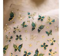 JMEOWIO 3D Papillon Vert Doré Stickers Ongles Nail Art, Autocollants Ongles Autoadhésif 5D Deco Ongle Nail Art Design Manucure 1 Feuilles