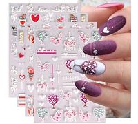 JMEOWIO 3D Saint Valentin Amour Cœur Stickers Ongles Nail Art, Autocollants Ongles Autoadhésif 5D Deco Ongle Nail Art Design Manucure 4 Feuilles
