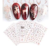 JMEOWIO 9 Feuilles Noel Stickers Ongles Nail Art Deco Noel Autoadhésif Autocollants Ongles Christmas Décoration Or Rose Flocon de Neige Design Manucure