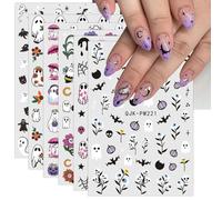 JMEOWIO Fleurs Fantôme Mignon Halloween Stickers Ongles Nail Art 9 Feuilles Autocollants Ongles Autoadhésif Deco Ongle Nail Art Design Manucure