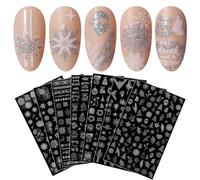 jmeowio Noel Paillettes Stickers Ongles Nail Art 8 Feuilles Autocollants Ongles Autoadhésif Deco Ongle Nail Art Design Manucure Argent Blanc