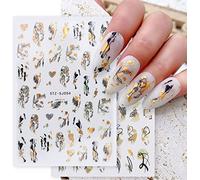 JMEOWIO Or Abstrait Stickers Ongles Nail Art 9 Feuilles Auto-adhésif Autocollants Ongles Decoration Visage Dame, Fleurs, Feuilles Conception Conseils Design Manucure