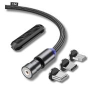 JMF Tech Câble de charge magnétique 3 en 1 - Câble USB magnétique à 360 ° + câble de charge rotatif à 180 ° 2,4 A 1 m/2 m en nylon tressé magnétique compatible avec micro USB, type C/USB C, (1 M-noir)