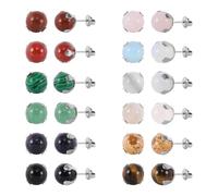 JMFENFA Lot de 12 paires de boucles d'oreilles rondes en acier inoxydable plaqué or avec pierre précieuse naturelle œil de tigre, quartz rose, onyx, opale pour femme