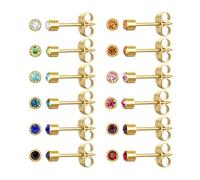 JMFENFA Lot de 12 paires de piercings d'oreille en acier inoxydable chirurgical multicolore Birthstone zircon cubique pour oreilles piercing, 3mm, Acier inoxydable, Zircon cubique