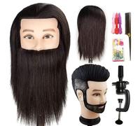 JMHAIR Tête de mannequin de barbier professionnel avec cheveux humains pour homme, pour l'entraînement, la cosmétologie, la coupe de cheveux courts (noir avec barbe)