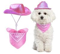 Jmkcoz Costume de cowboy pour animal de compagnie - Chapeau de cowboy fluo à paillettes pour chien, chat - Bonnet bandana, écharpe pour chiot, chaton - Fête de costumade occidentale (rose, taille S)