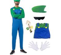 JMOCD Costume Super Plumber Bros, Déguisement Mario Enfants Adultes Luigi Costume Cosplay avec Bonnet Pantalon Barbe Gants Porte Clef pour Carnaval Halloween Enfants