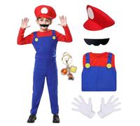 JMOCD Costume Super Plumber Bros, Déguisement Mario Enfants Adultes Luigi Costume Cosplay avec Bonnet Pantalon Barbe Gants Porte Clef pour Carnaval Halloween Enfants