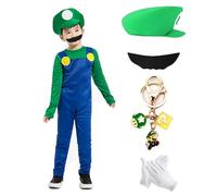 JMOCD Costume Super Plumber Bros, Déguisement Mario Enfants Adultes Luigi Costume Cosplay avec Bonnet Pantalon Barbe Gants Porte Clef pour Carnaval Halloween Enfants