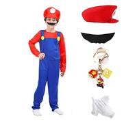 JMOCD Costume Super Plumber Bros, Déguisement Mario Enfants Adultes Luigi Costume Cosplay avec Bonnet Pantalon Barbe Gants Porte Clef pour Carnaval Halloween Enfants