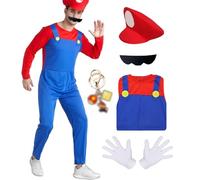 JMOCD Costume Super Plumber Bros, Déguisement Mario Enfants Adultes Luigi Costume Cosplay avec Bonnet Pantalon Barbe Gants Porte Clef pour Carnaval Halloween Enfants