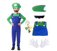 JMOCD Costume Super Plumber Bros, Déguisement Mario Enfants Adultes Luigi Costume Cosplay avec Bonnet Pantalon Barbe Gants Porte Clef pour Carnaval Halloween Enfants