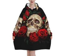 Jmorco Couverture à capuche surdimensionnée avec tête de mort et roses - Couverture chaude pour femmes, hommes, adolescents - 320 g - Flanelle
