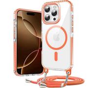JMstore Magnétique Coque pour iPhone 16e (2025) [Compatible avec MagSafe] Coque Cordon de Collier Antichoc Magnétique Transparente Housse,Cordon Réglable -Orange