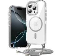 JMstore Magnétique Coque pour iPhone 16e (2025) [Compatible avec MagSafe] Coque Cordon de Collier Antichoc Magnétique Transparente Housse,Cordon Réglable -Gris