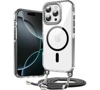 JMstore Magnétique Coque pour iPhone 16e (2025) [Compatible avec MagSafe] Coque Cordon de Collier Antichoc Magnétique Transparente Housse,Cordon Réglable -Noir
