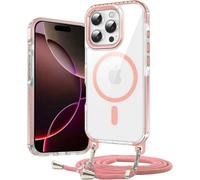JMstore Magnétique Coque pour iPhone 16e (2025) [Compatible avec MagSafe] Coque Cordon de Collier Antichoc Magnétique Transparente Housse,Cordon Réglable -Pink