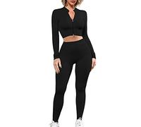 JN JANPRINT Ensemble de 2 pièces pour femme - Taille haute - Short de yoga côtelé - Soutien-gorge de sport sans couture, A_noir., L