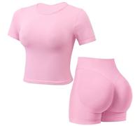 JN JANPRINT Ensemble de sport 2 pièces sans couture pour femme avec haut à manches courtes, short froncé dissimulé, tenue de yoga, rose, M