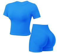 JN JANPRINT Ensemble de sport 2 pièces sans couture pour femme avec haut à manches courtes, shorts froncés cachés, tenue de yoga, survêtement, bleu, M