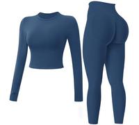 JN JANPRINT Ensemble de sport 2 pièces sans couture pour femme - Haut à manches longues - Leggings froncés dissimulés - Tenue de yoga, bleu/gris, S