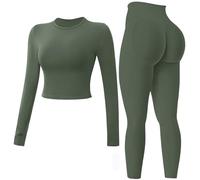 JN JANPRINT Ensemble de sport 2 pièces sans couture pour femme - Haut à manches longues - Leggings froncés dissimulés - Tenue de yoga, vert olive, L
