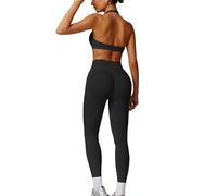 JN JANPRINT Ensembles de gym sans couture pour femmes 2 pièces avec soutien-gorge halter sans dos, leggings scrunch cachés, tenues de yoga, jogging pour le sport, Noir , L