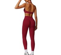 JN JANPRINT Ensembles de gym sans couture pour femmes 2 pièces avec soutien-gorge halter sans dos, leggings scrunch cachés, tenues de yoga, ensemble de sport, combinaison de fitness, bordeaux, S