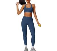 JN JANPRINT Ensembles de gym sans couture pour femmes 2 pièces avec soutien-gorge halter sans dos, leggings scrunch cachés, tenues de yoga, ensemble de sport, combinaison de jogging, bleu/gris, S