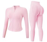 JN JANPRINT Survêtement de sport 2 pièces pour femme - Tenue de yoga à manches longues - Fermeture éclair - Legging d'entraînement - Vêtements de fitness, rose, L