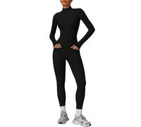 JN JANPRINT Survêtement de sport 2 pièces pour femme - Tenue de yoga à manches longues - Fermeture éclair - Legging d'entraînement - Vêtements de fitness, Noir , L