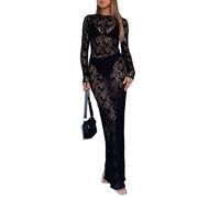 JNBFCDY Femmes Sexy Bretelles spaghetti Dentelle florale Bodycon Robe longue Été Maille transparente Encolure carrée Dos nu Fendu Robe Cami (S,Manches longues)
