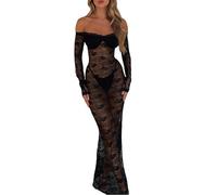 JNBFCDY Femmes Sexy Bretelles spaghetti Dentelle florale Bodycon Robe longue Été Maille transparente Encolure carrée Dos nu Fendu Robe Cami (L,Off Shoulder Noir)