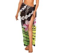 Jndtueit Paréo en mousseline de soie polynésienne - Cache-maillot de bain - Écharpe de plage transparente pour femme, Vert Polynésien Maori Tribal Hibiscus Plumeria, Taille unique
