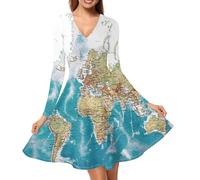 Jndtueit Robe longue ample hippie à fleurs pour femme, coupe régulière, robe de fête, robe élastique, robe de plage d'automne, motif carte du monde, M