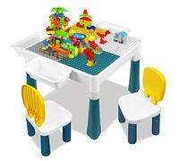 JNGLGO Ensemble de Table pour Enfant avec 2 Chaises, Table d'activités pour Enfants avec 163 Blocs de Construction, Multifonctions pour Enfants Briques de Construction Table