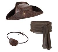 JNGUOSICN Lot de 3 accessoires de costume de pirate pour adulte avec ceinture et cache-œil - Chapeau de pirate - Fournitures de fête à thème de capitaine - Accessoires médiévaux pour fête sur le thème