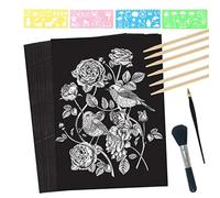 JNJOOD Lot de 50 feuilles de papier à râper, 8 x 11 pouces, à gratter noir, grand papier à gratter avec stylet en bois et pochoir , facile à installer, facile à utiliser