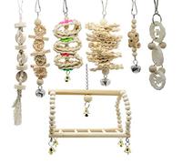 JNJOOD Lot de 7 paquets d'oiseaux perroquet balançoire à mâcher - Bois naturel suspendu Cloche pour oiseaux Convient pour petits perruches ara perroquets oiseaux