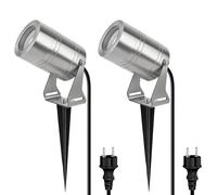 JNR 2 PACK Projecteurs de jardin en acier inoxydable LED extérieurs IP65 étanches, lampes de jardin avec alimentation 5 W GU10 3000 K ampoule blanc chaud, câble de 2 m avec fiche, Argent