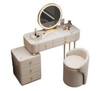 JNTFNE Coiffeuse Design avec Miroir LED 3 Teintes Réglables + Table d'Appoint Déplaçable - Coiffeuse Luxe Plateau Marbre et Pouf de Rangement pour Femmes/Filles