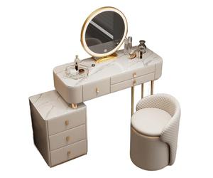 JNTFNE Coiffeuse Design avec Miroir LED 3 Teintes Réglables + Table d'Appoint Déplaçable - Coiffeuse Luxe Plateau Marbre et Pouf de Rangement pour Femmes/Filles