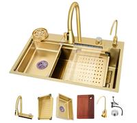 JNTFNE Évier de Bar de Cuisine doré Grand Format, évier à cuve Unique Effet Cascade, Poste de Travail Coulissant et Repas, avec bonde à Bouton et Accessoires (Dimensions : 68 x 45 x 22 cm)