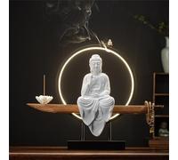 JNTFNE Grande statue bouddhiste avec brûleur d'encens et table circulaire LED, lampe murale 3D, décoration zen à suspendre, œuvre d'art pour salon, porche