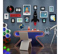 JNTFNE Lot de 15 cadres photo muraux en bois massif pour enfants avec horloge balançoire, 12 cadres photo et 3 types d'accessoires - Noir + blanc