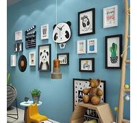 JNTFNE Mur photo en bois massif, combinaison de bricolage pour enfants, cadre photo décoratif, horloge balançoire panda peut changer de photos, 14 cadres photo et 3 types d'accessoires - noir + blanc