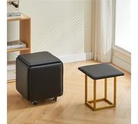 JNTFNE Pouf cube gigogne 5 en 1, tabouret empilable, repose-pieds en cuir, fauteuil de coiffeuse mobile avec roues pour chambre à coucher, salon (noir, taille L)