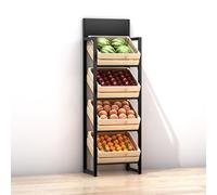 JNTFNE Présentoir à Fruits et légumes en Bois à 4 Niveaux, pour Produits commerciaux, Pommes de Terre, oignons, présentoir de supermarché Amovible/étagère à vin (étagère Noire + Panier en Bois)