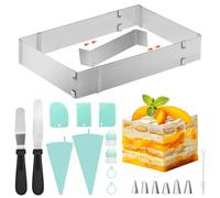 JNUYISW Cadre Patisserie Rectangulaire, 5cm de Haut Réglable Moule Gateau Carré en Acier Inoxydable 28-53cm x 18-34cm Moule a Cake avec Diviseur, Racloir, Spatule, Poche à Douille, Buses pour Cuisson